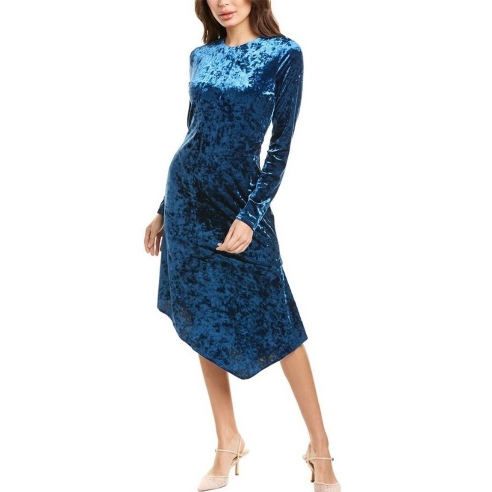 NEW BLACK HALO Maddox Crushed Velvet Dress Size 10‎ Blue Asymmetrical Hem Ocean